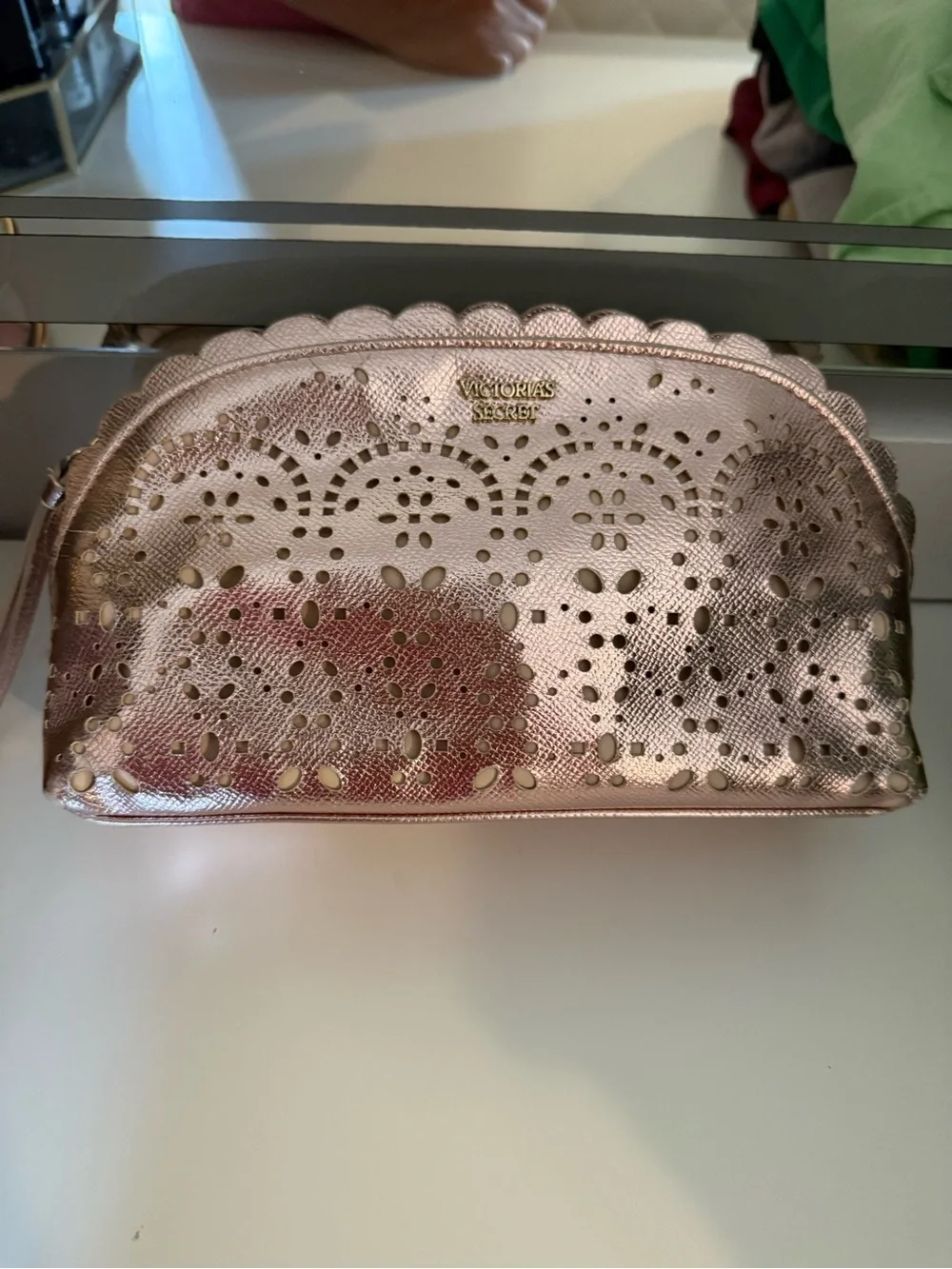 Victoria's Secret Metallic Rose Gold Perforated Makeup Pouch